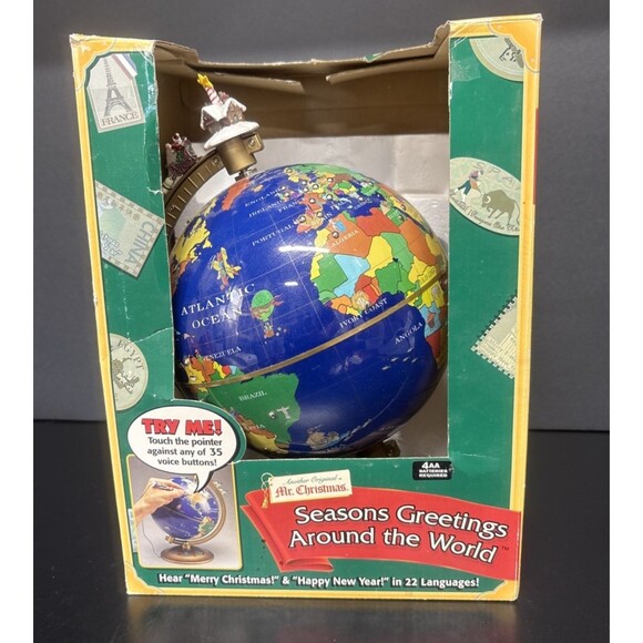 Mr. Christmas Seasons Greetings From Around The World Globe WORKS!
